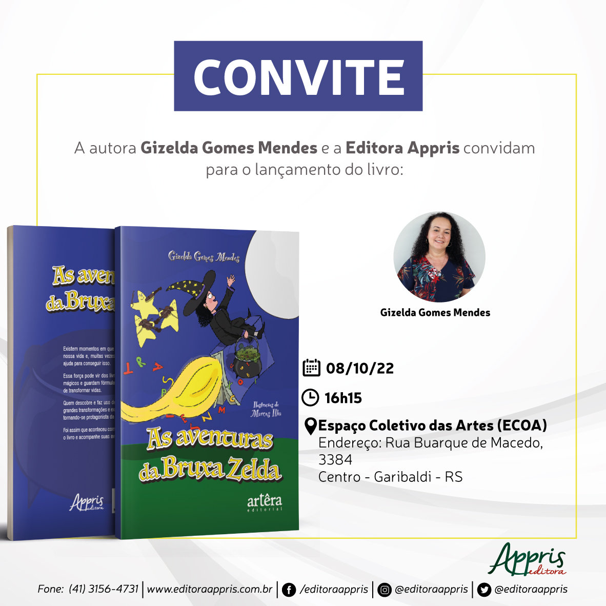 Convite para lançamento do livro As Aventuras da Bruxa Zelda